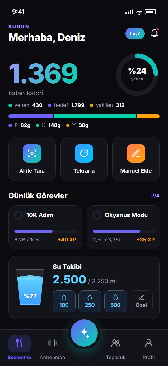 Beslenme ekranı: kalan kalori, makro çubuğu, günlük görevler ve su takibi