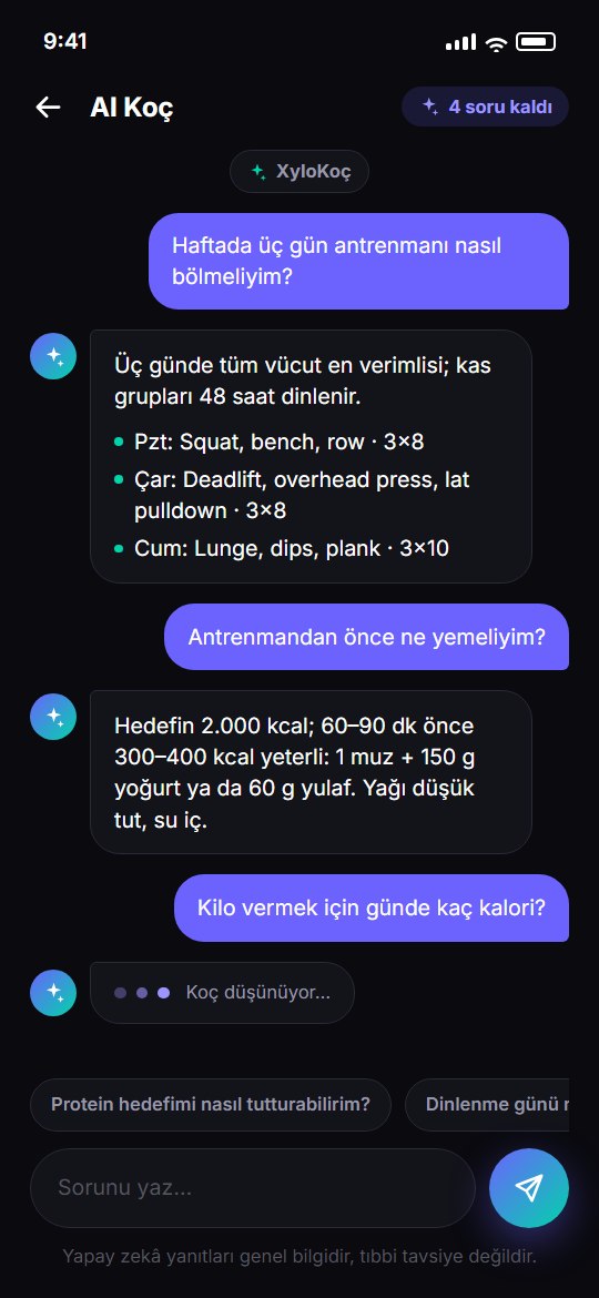 AI Koç ekranı: antrenman ve beslenme soruları, koçun maddeli yanıtları ve soru yazma alanı